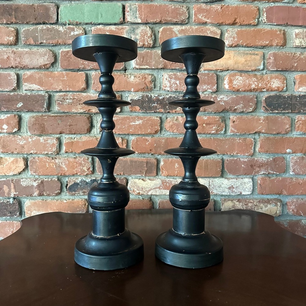 Pair 17" Black Pedestal Pillar Candle Holders Distressed Architectural Decor